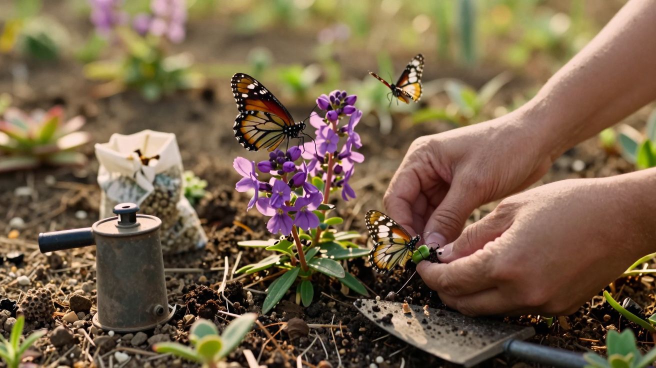 Mãos cuidam de planta com flores roxas rodeada por borboletas num jardim. Ferramenta de jardinagem no solo.