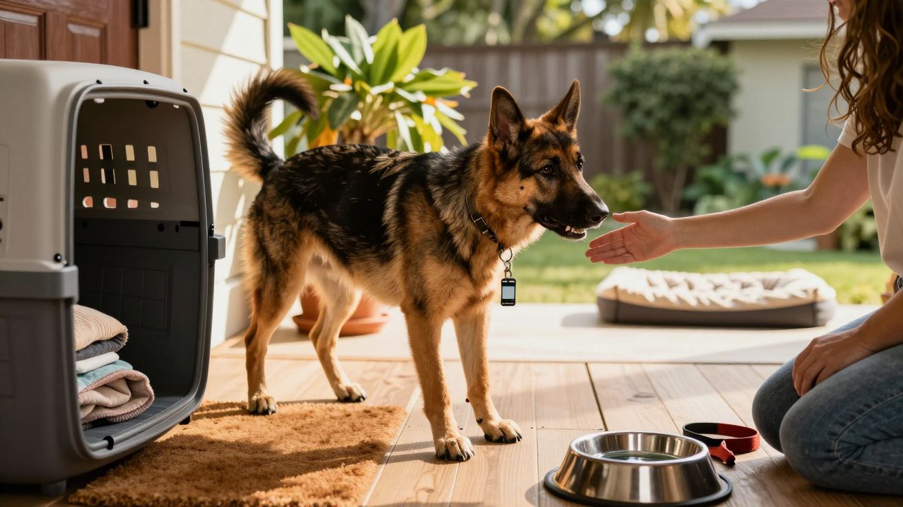 Cão pastor alemão num alpendre, perto de uma transportadora e tigela, cumprimentando uma pessoa.