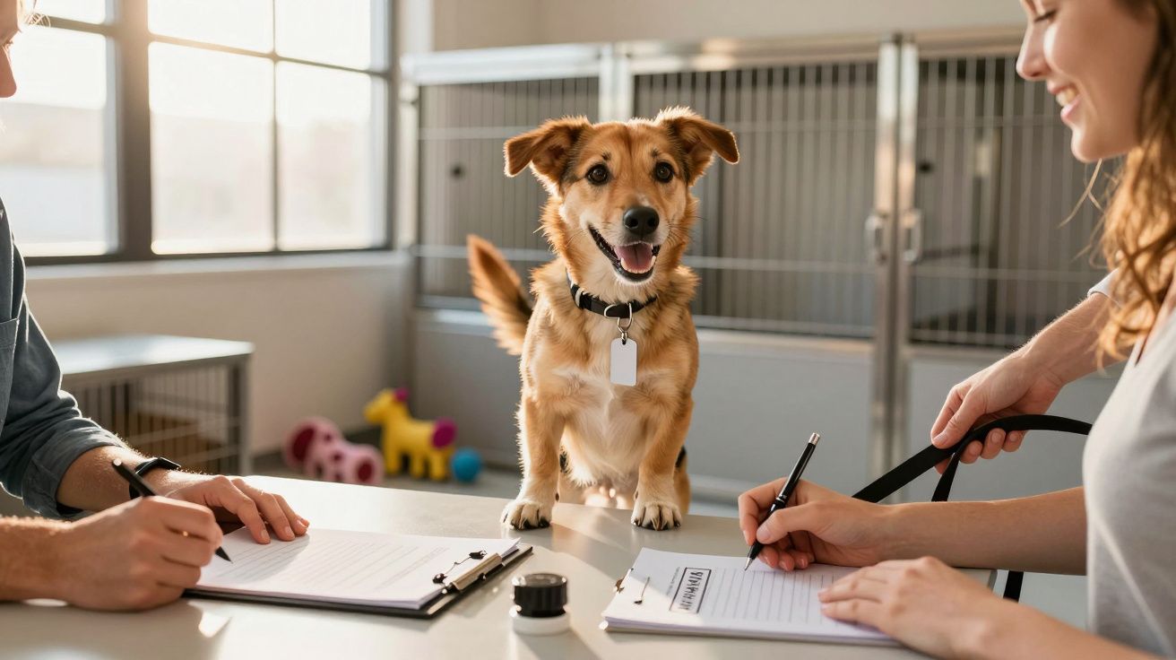 Cão sobre a mesa com pessoas preenchendo formulários em abrigo de animais iluminado por luz solar.