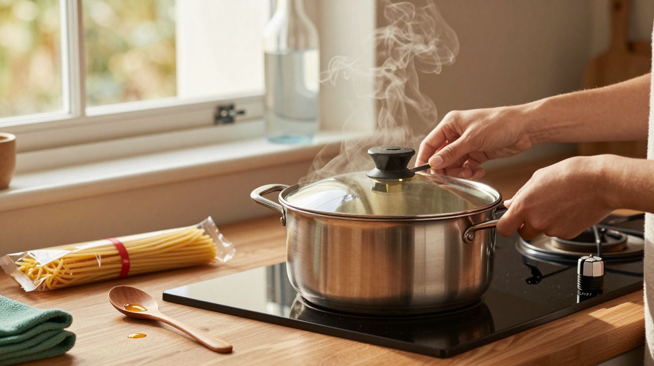 Pessoa cozinhando massa numa panela ao lume, com vapor visível, num fogão moderno.