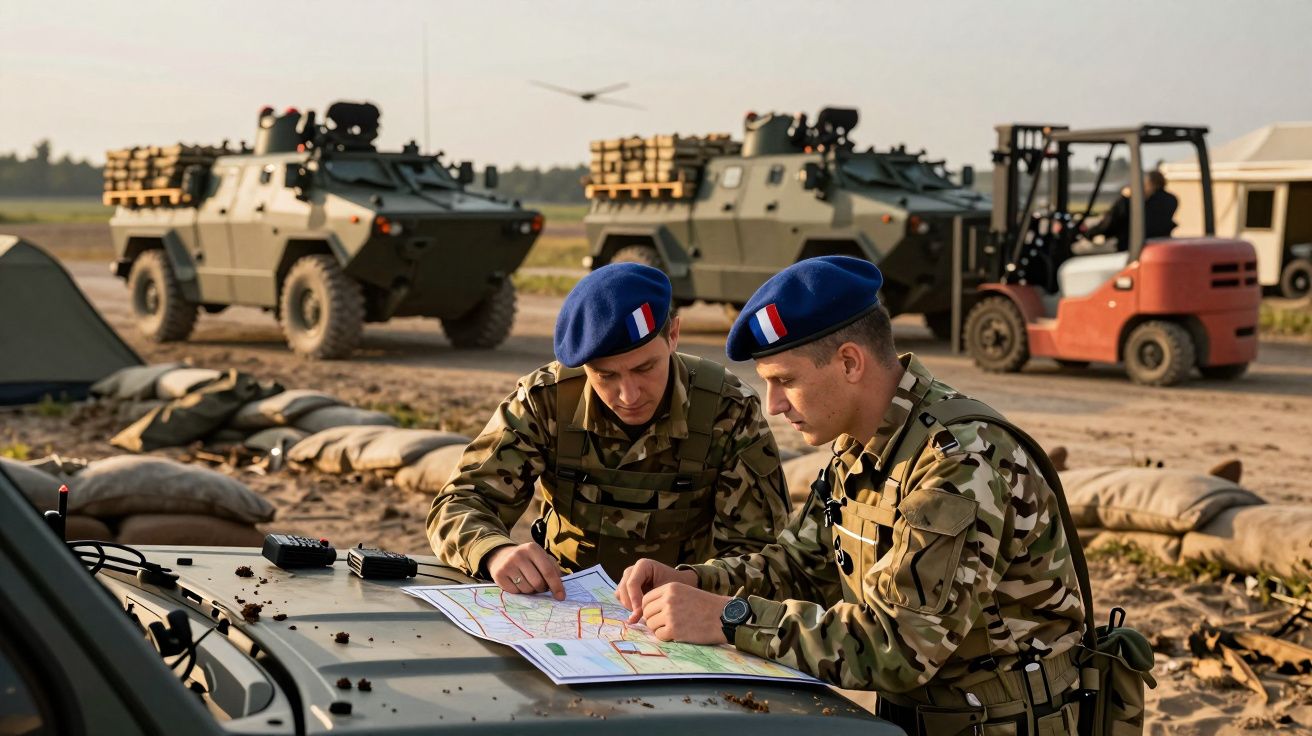 Dois soldados analisam um mapa sobre um veículo militar, com veículos blindados e um empilhador ao fundo.