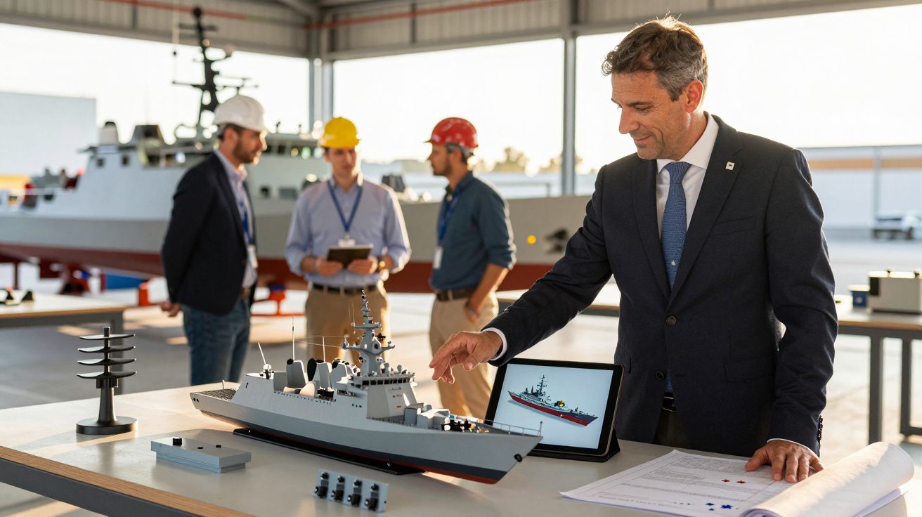 Homem de fato observa modelo de navio em mesa, enquanto três homens discutem ao fundo em armazém.