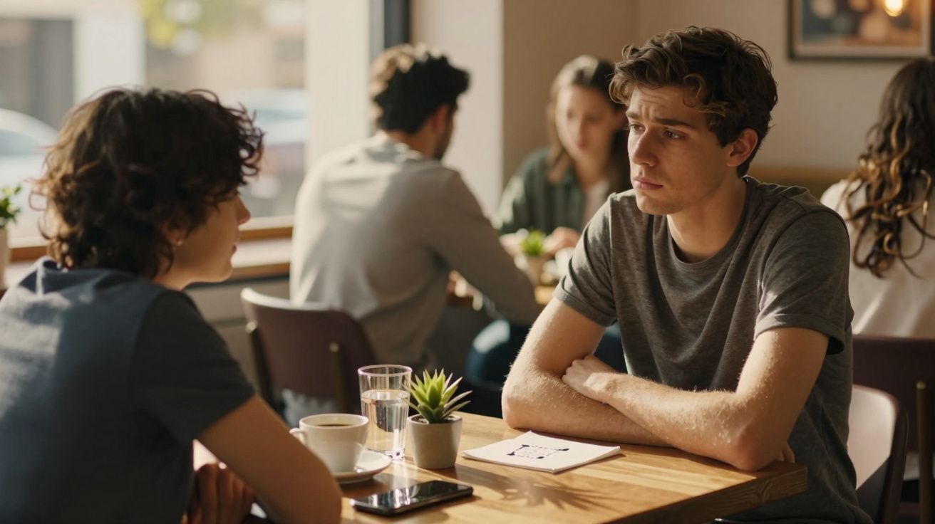 Dois jovens conversam num café, com expressões sérias. Várias pessoas em mesas ao fundo.