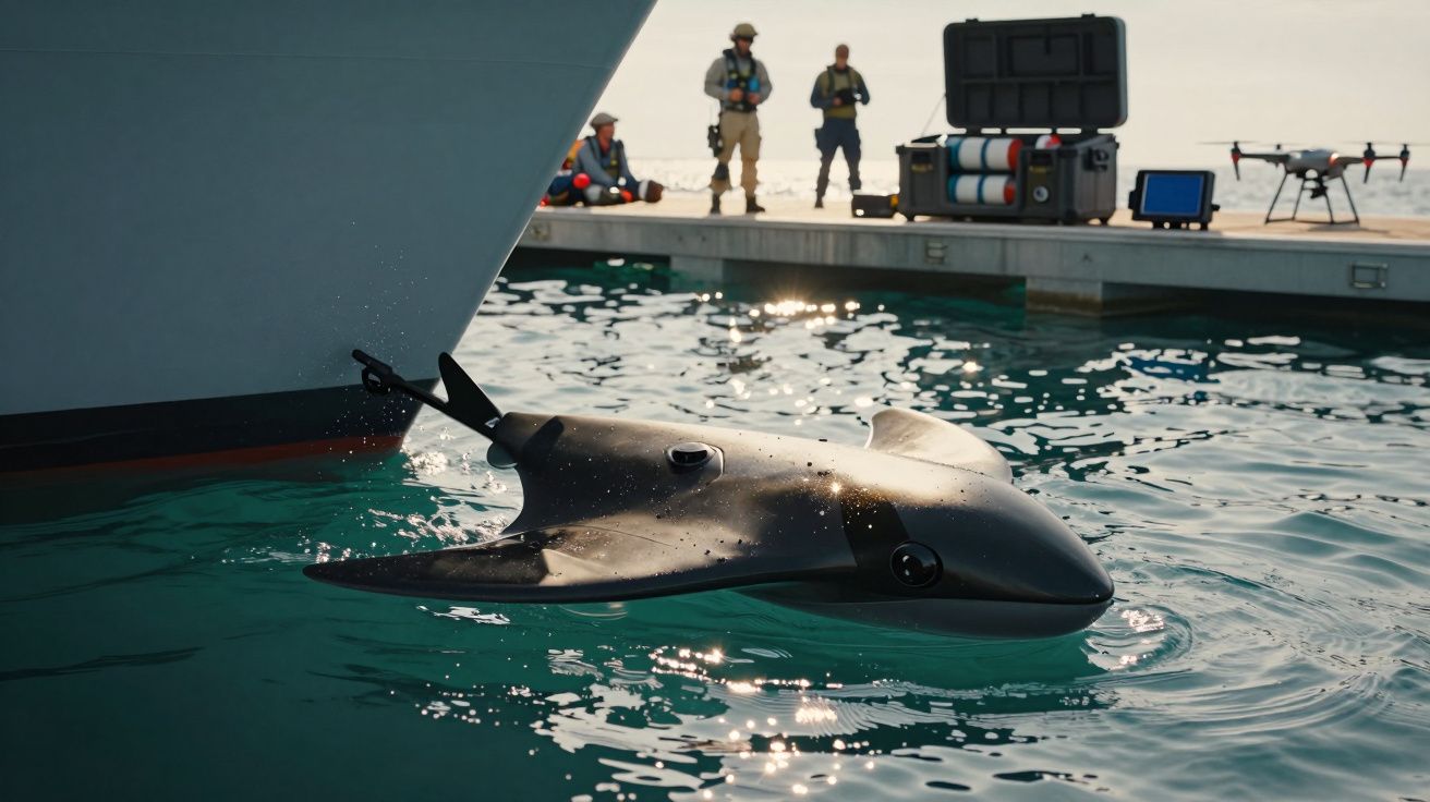 Drone subaquático em forma de arraia perto de um barco com pessoas e equipamento na doca ao fundo.