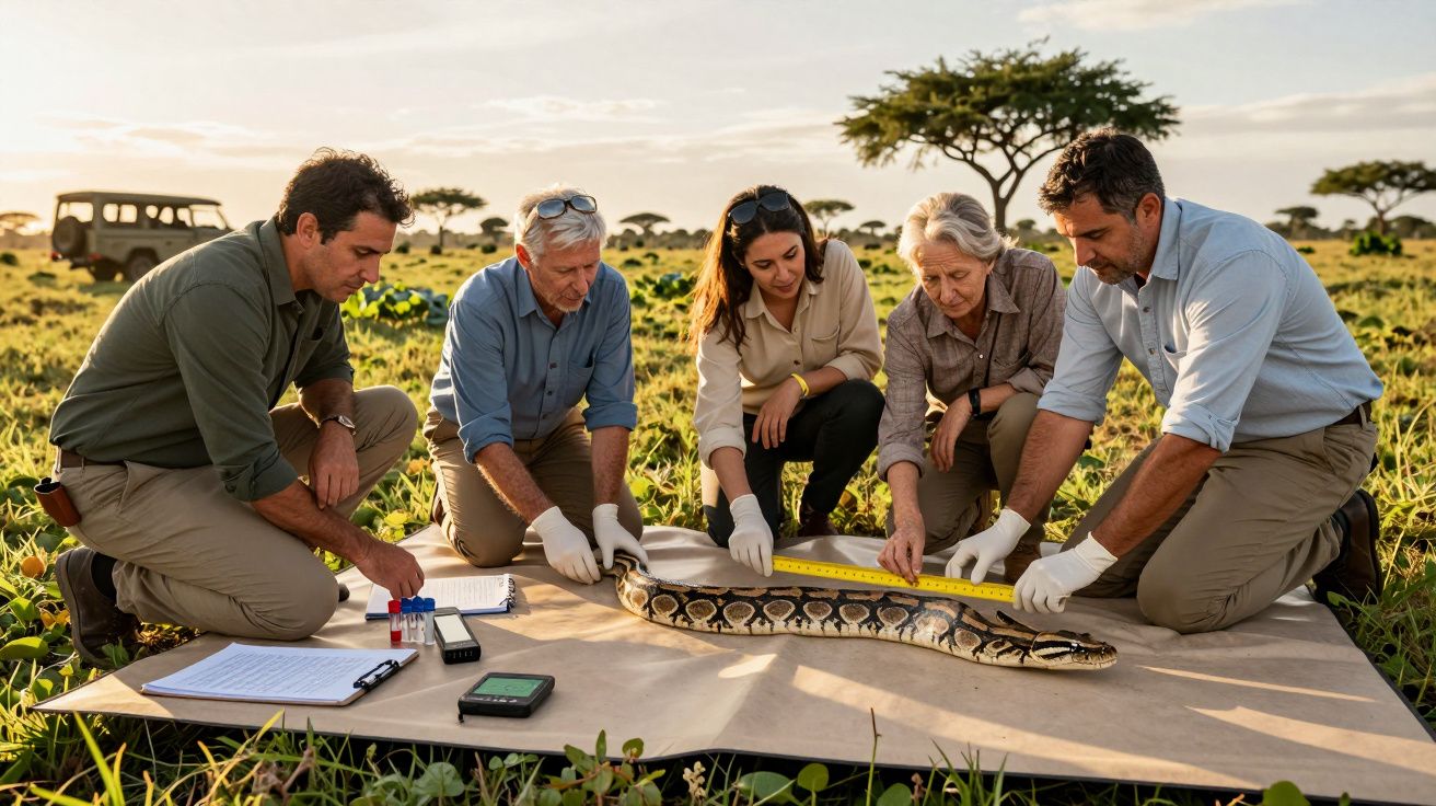 Cinco pesquisadores medem uma cobra num campo, com vegetação e um jipe ao fundo.