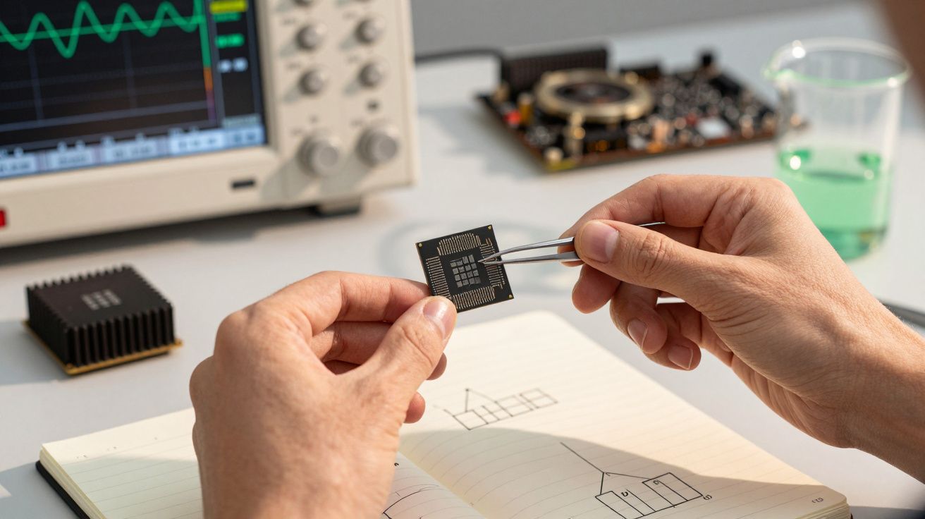 Mãos segurando um chip com pinça, osciloscópio e caderno com esboços ao fundo.