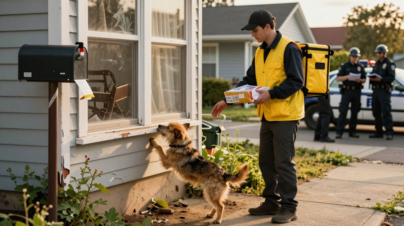 Cão interage com janela enquanto entregador deixa encomenda; polícia ao fundo.