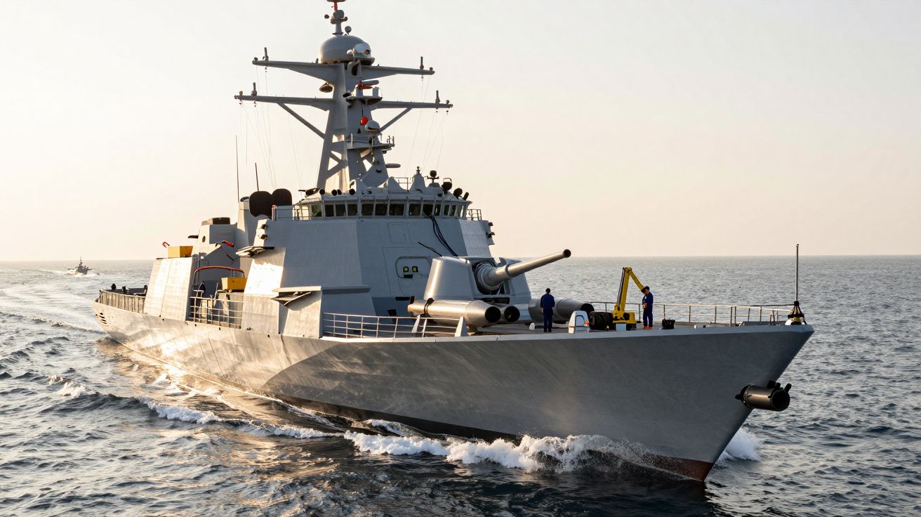 Navio de guerra navegando em mar aberto ao pôr do sol, com dois tripulantes visíveis no convés frontal.