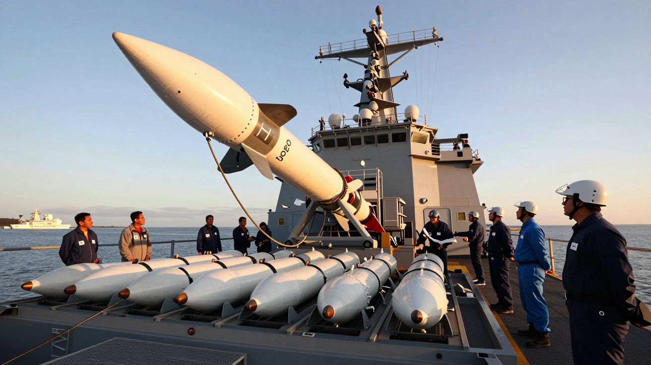 Marinheiros observam míssil sendo carregado a bordo de um navio militar no mar, com céu claro ao fundo.