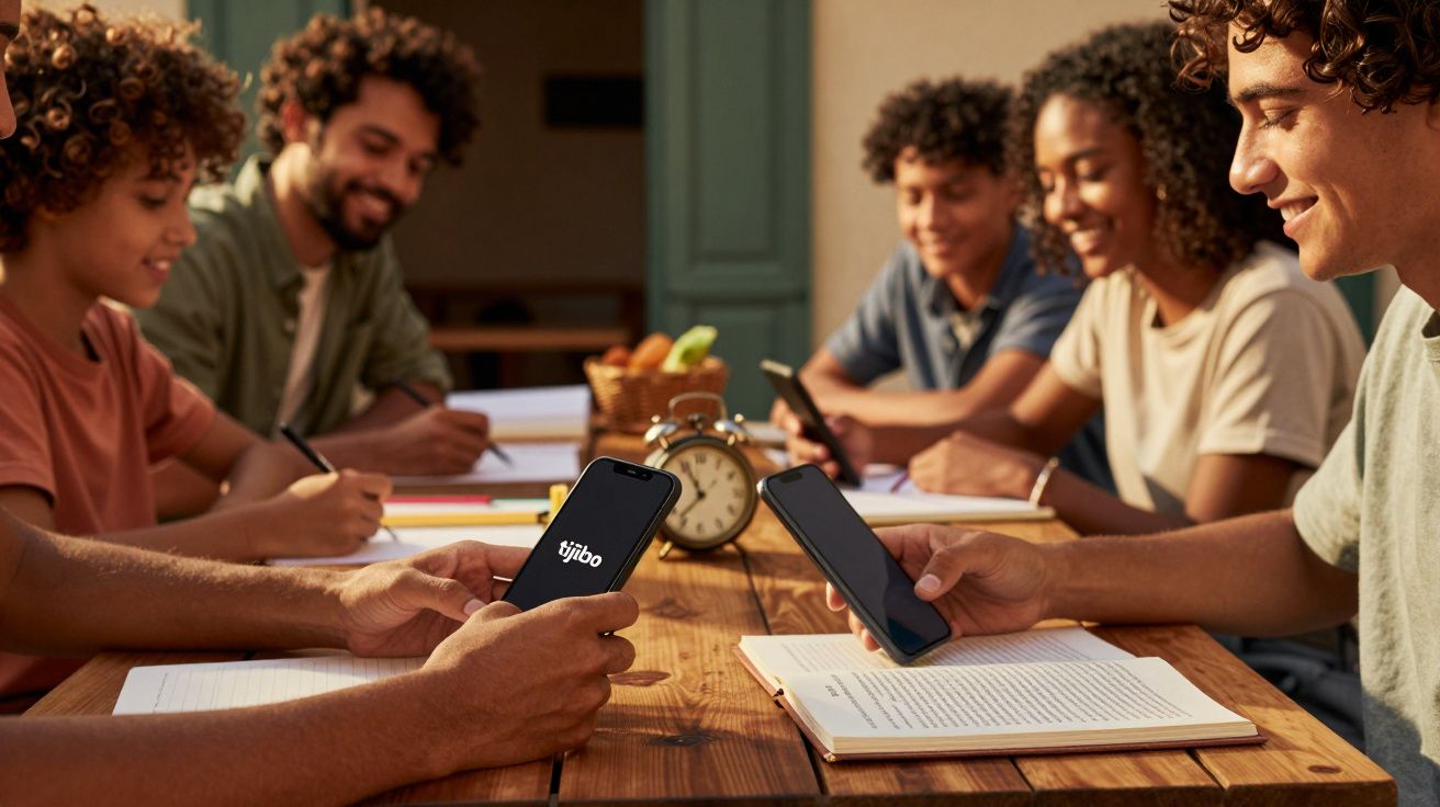Grupo de jovens a estudar em torno de mesa de madeira, cada um com um smartphone ou livro.