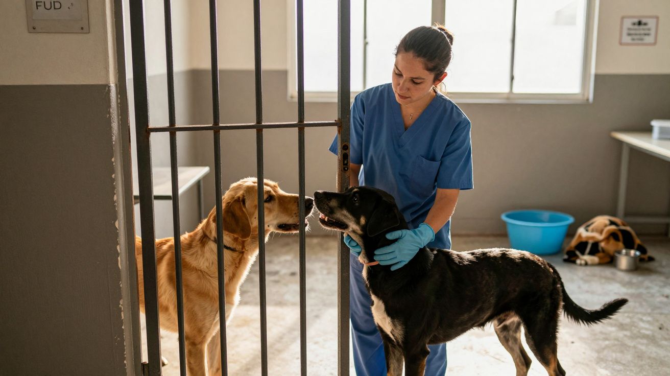 Veterinária de uniforme azul atende dois cães numa sala de clínica, um dentro de uma jaula e outro ao seu lado.
