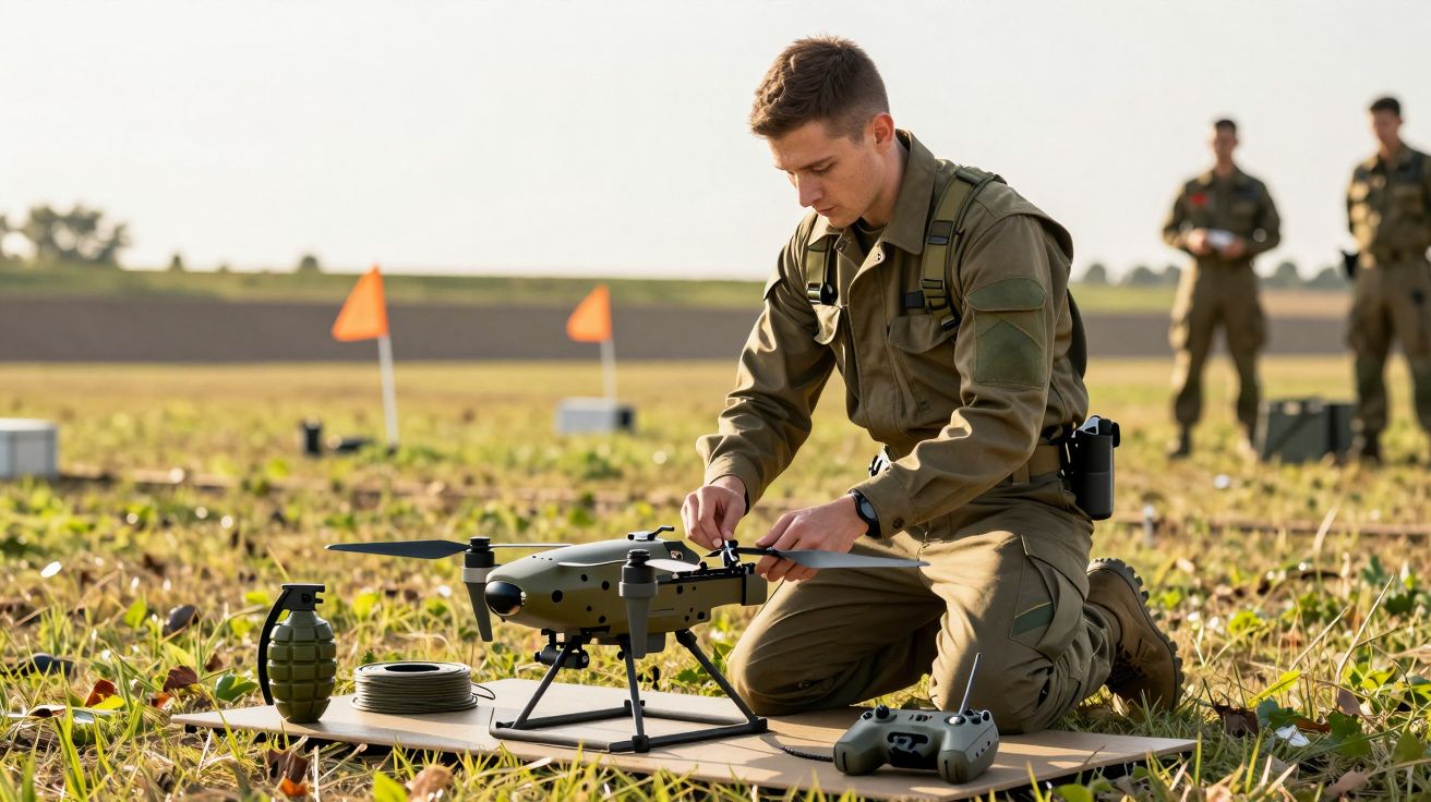 Homem em uniforme militar prepara um drone numa área de campo, com equipamentos ao redor e dois colegas ao fundo.
