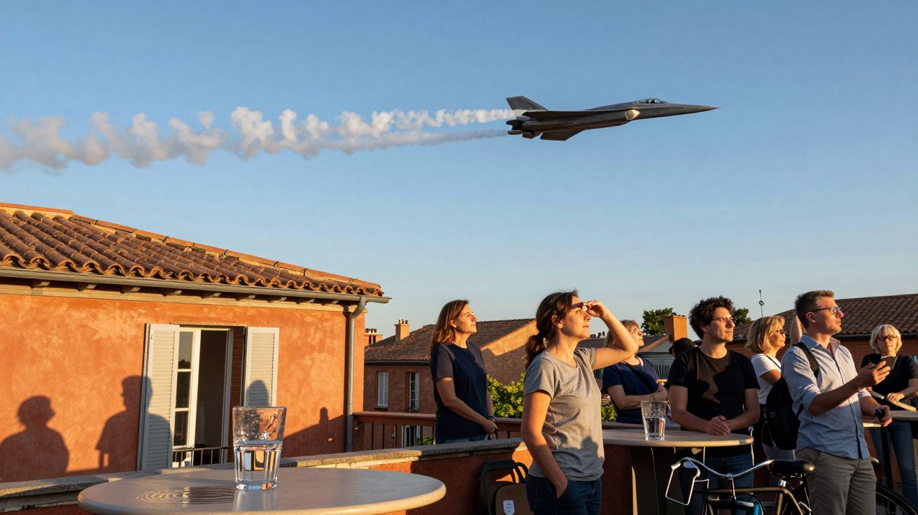 Pessoas numa varanda observam um avião militar a voar baixo com traço de fumo no céu azul.