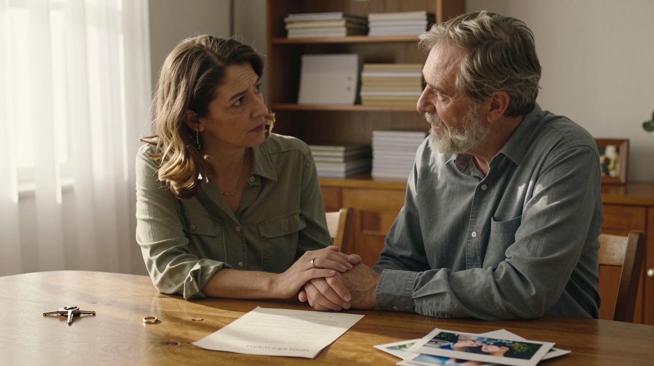 Casal sentado à mesa, conversa séria, segurando mãos. Fotos e documentos sobre a mesa.