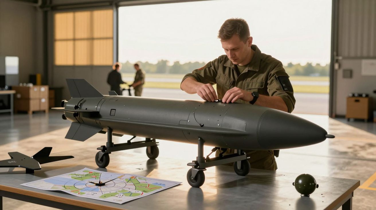 Homem em uniforme militar ajusta dispositivo em hangar, com mapa e radar de mesa ao lado.