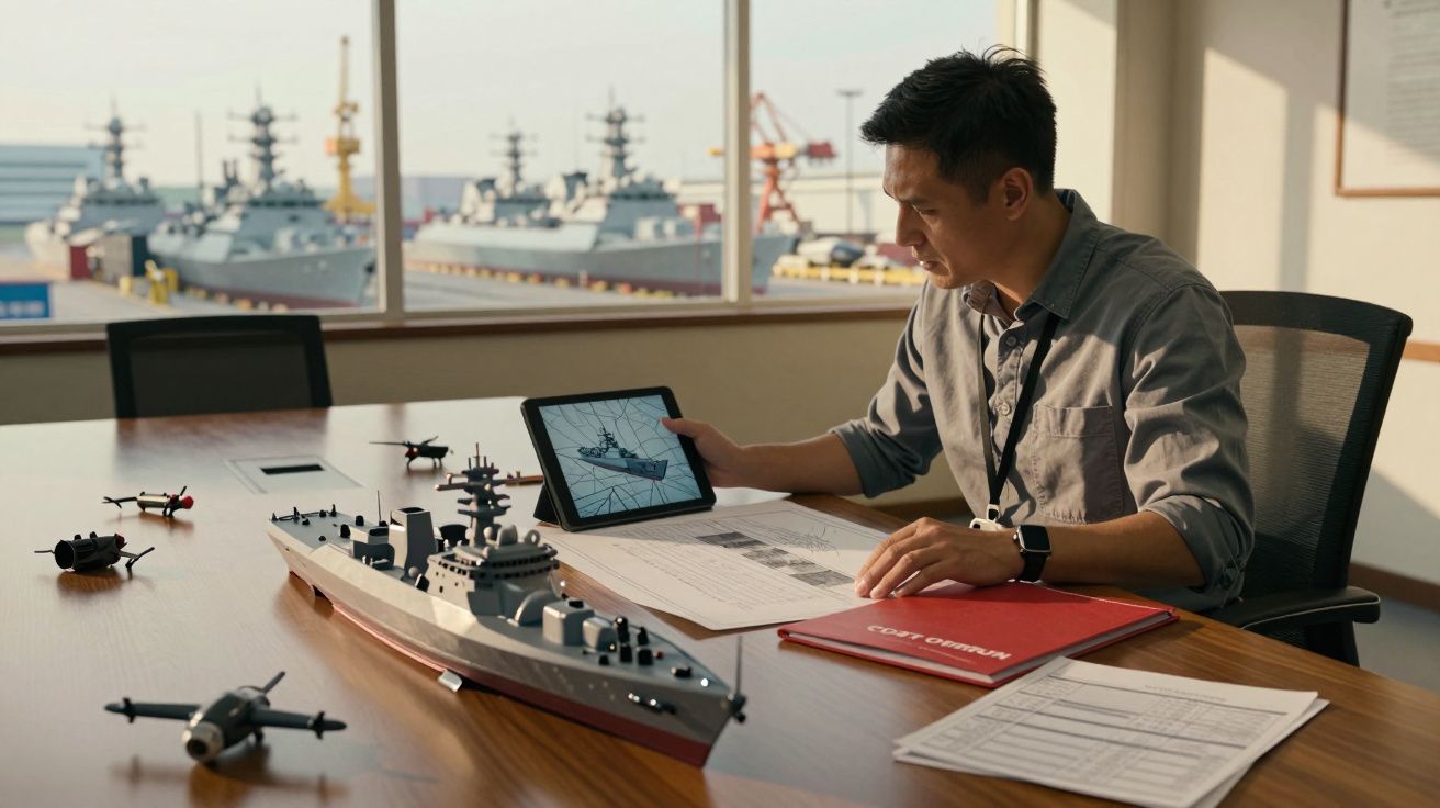 Homem analisa modelo de navio em tablet numa sala de reuniões, com documentos e modelos menores na mesa.