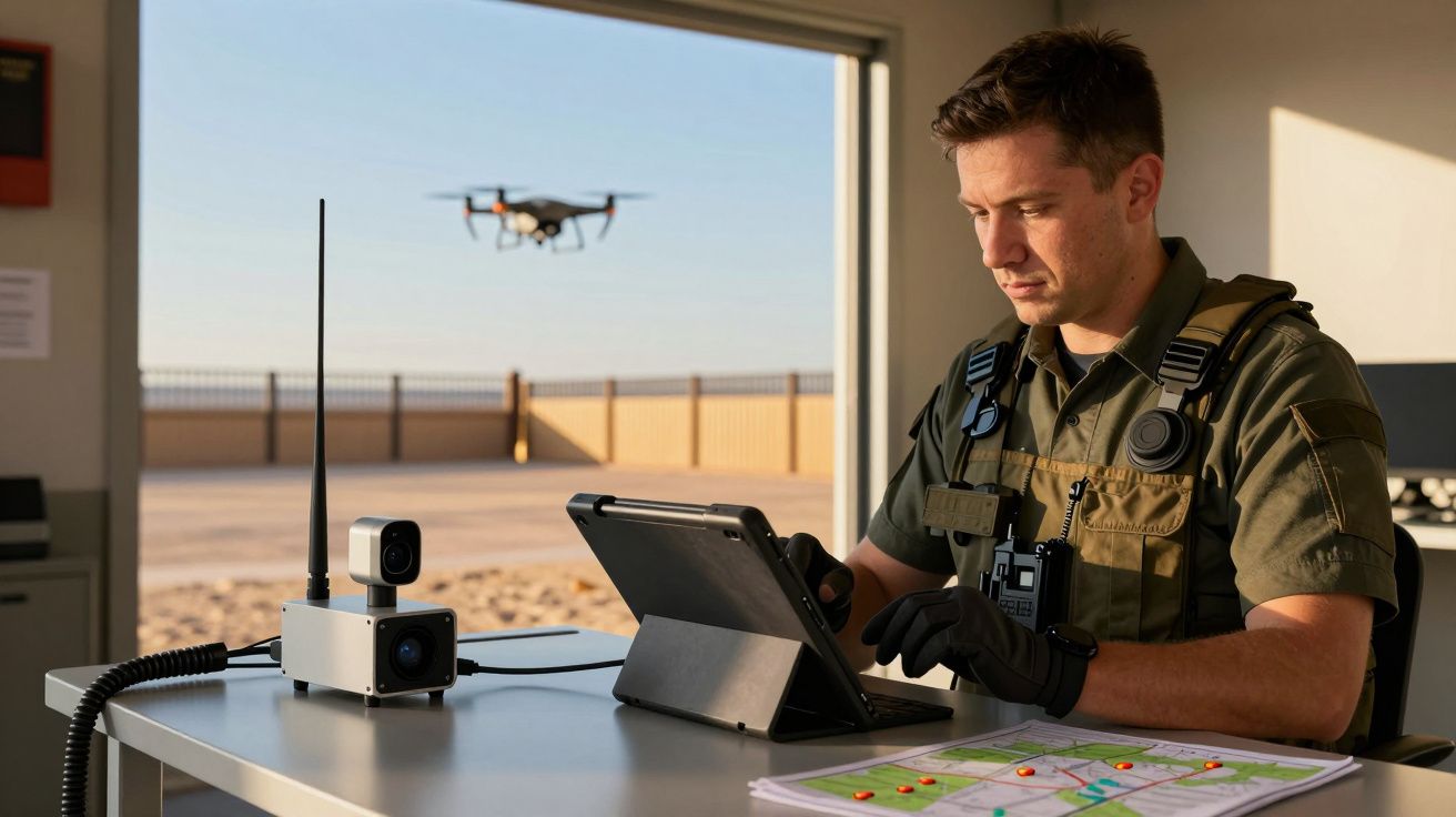 Homem fardado controla drone com tablet em sala com porta aberta. Equipamento de comunicação sobre a mesa.