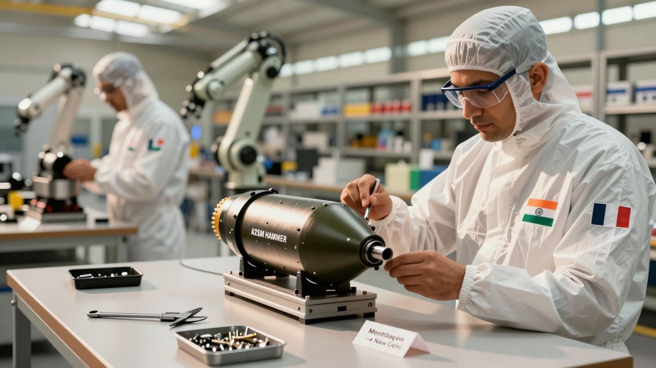 Dois técnicos numa fábrica, manuseando equipamento em bancadas, com robôs ao fundo. Ambos usam trajes de proteção.