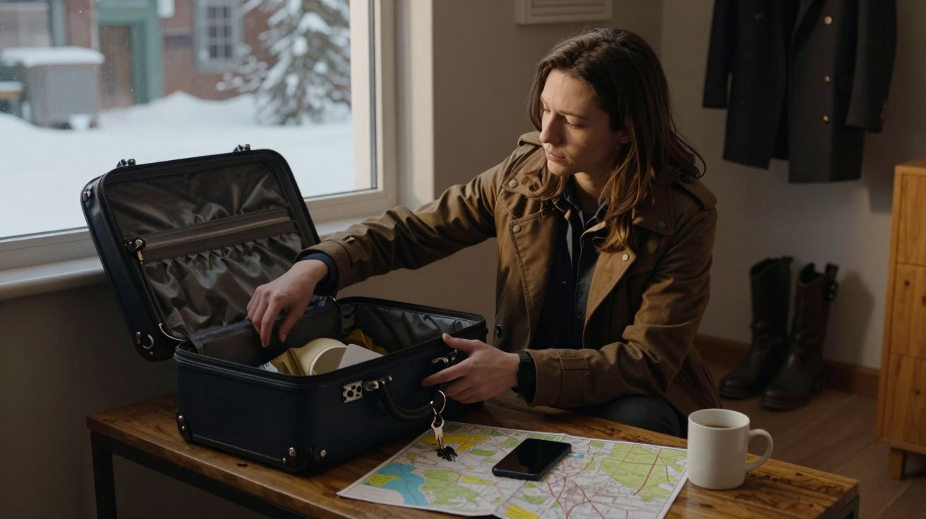 Mulher a arrumar mala num quarto, com mapa e caneca na mesa, janela ao fundo com neve lá fora.