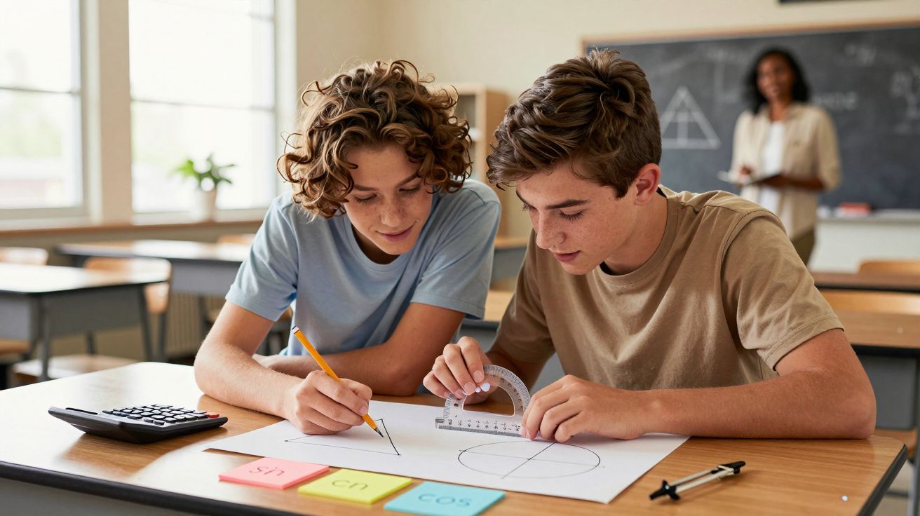 Dois alunos desenham um círculo num papel usando material de geometria numa sala de aula com uma professora ao fundo.