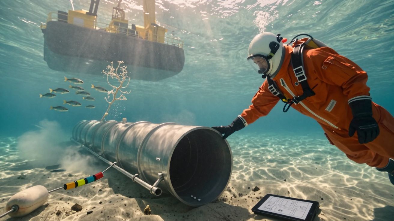 Mergulhador de fato laranja verifica tubo subaquático, com peixes e tablet ao lado, enquanto embarcação flutua acima.