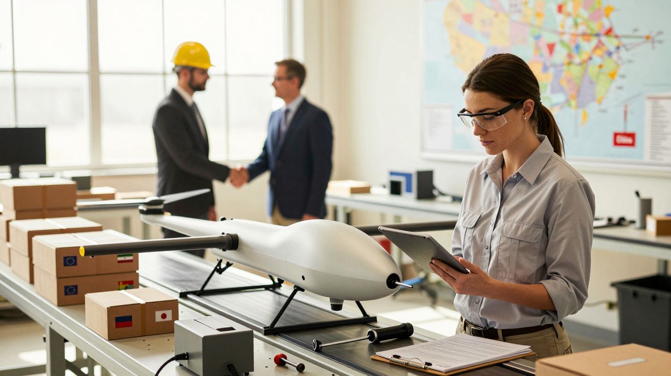 Mulher analisa tablet perto de drone numa oficina; dois homens apertam as mãos ao fundo.