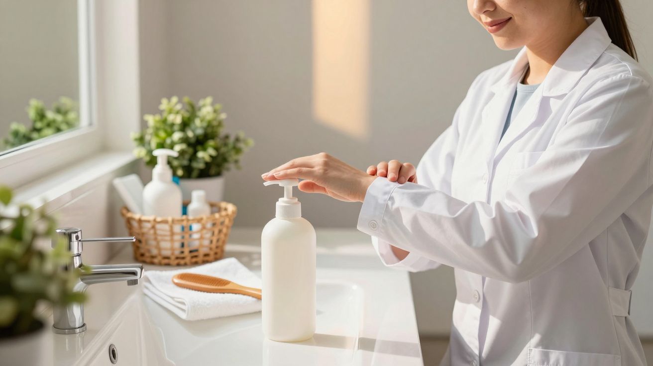 Mulher de bata branca usando dispensador de sabonete líquido em casa de banho iluminada, plantas no fundo.