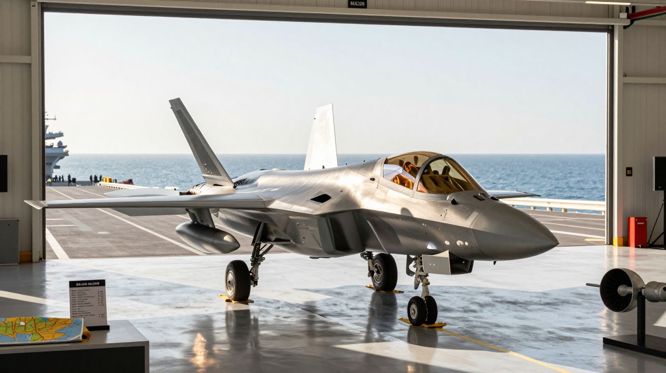 Caça a jato estacionado em hangar com vista para o mar, iluminado pela luz do sol.