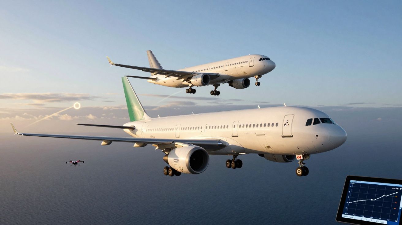 Dois aviões a voar sobre o oceano ao pôr do sol, com um drone próximo e um tablet a mostrar gráficos.