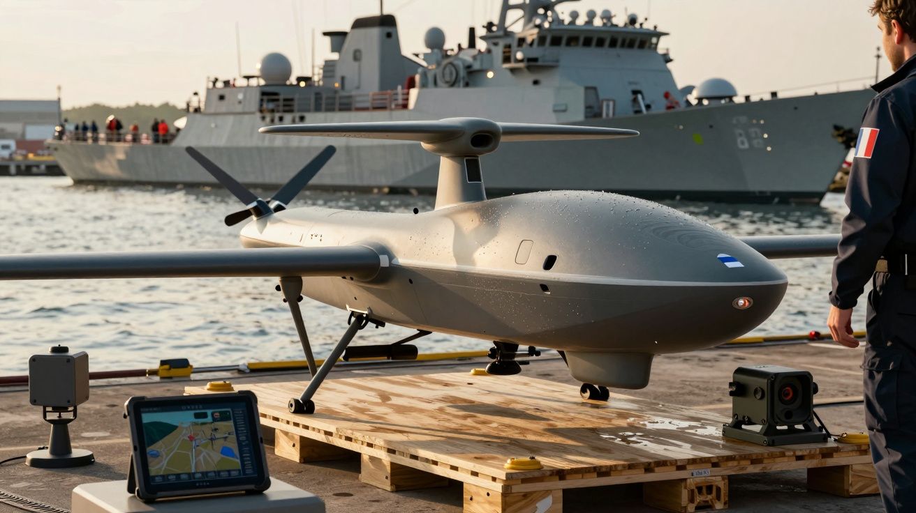 Drone cinzento numa doca ao lado de um navio de guerra, com equipamento de controlo e pessoal militar presente.