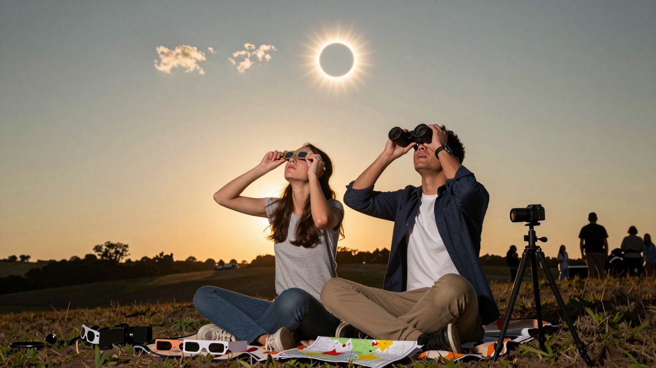 Pessoas assistem a um eclipse solar com óculos e binóculos num campo ao entardecer.