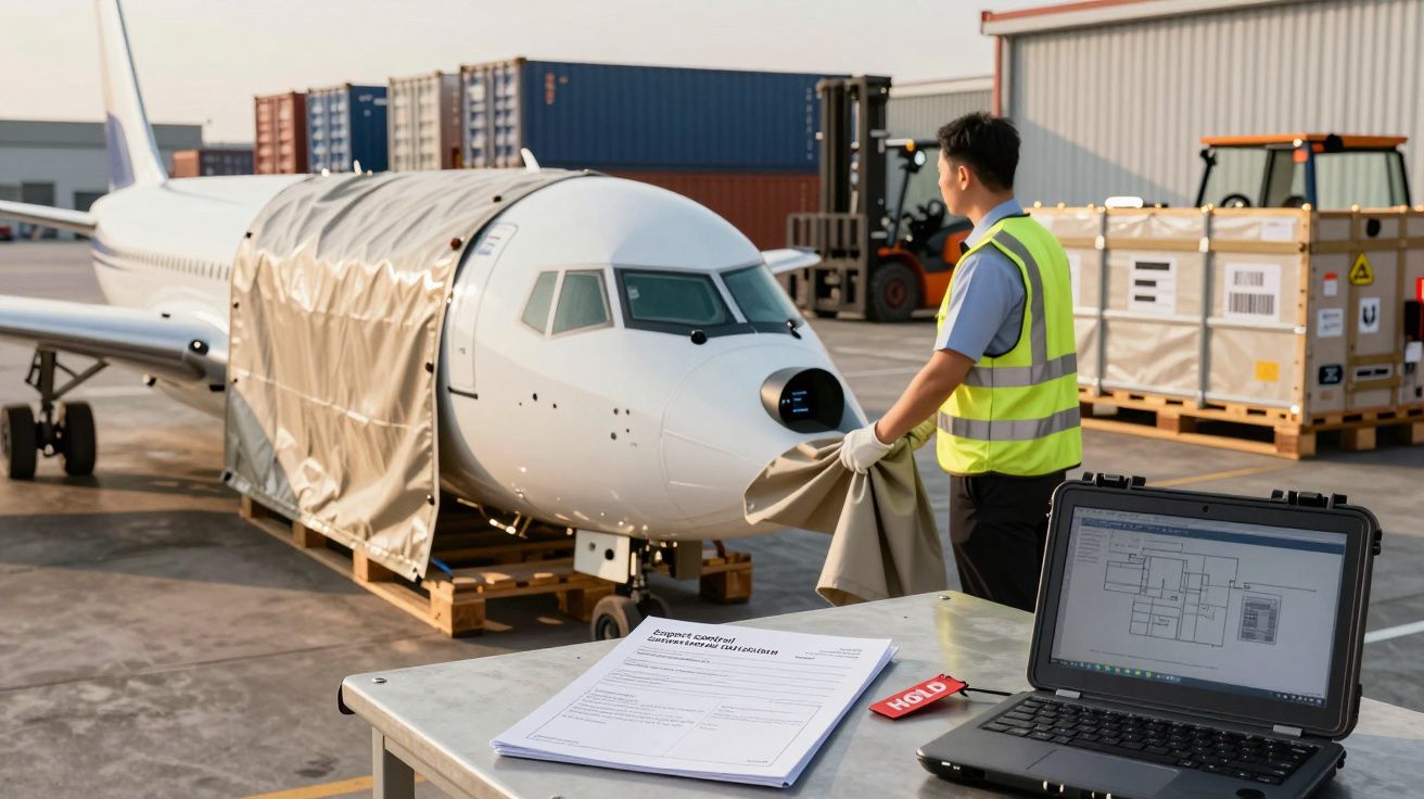 Funcionário retira capa de proteção do nariz de um avião estacionado, com documentos e portátil numa mesa à frente.