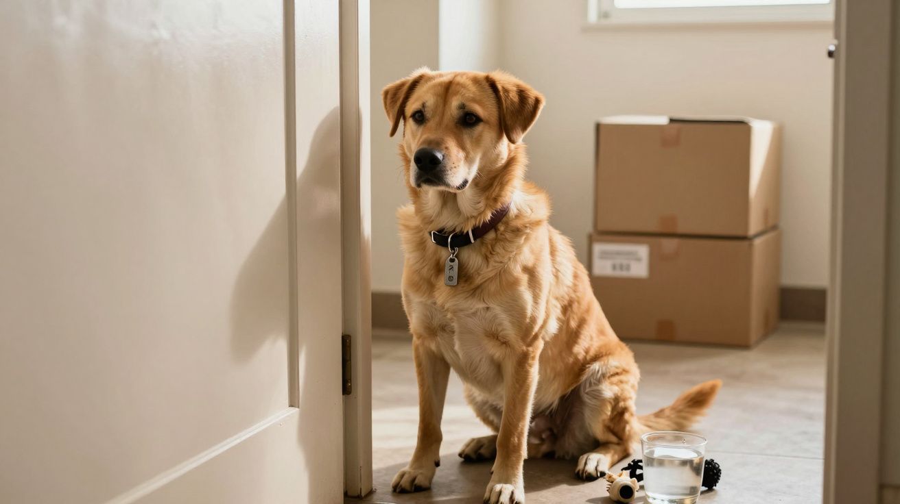 Cão castanho sentado no chão ao lado de caixas de mudança e uma tigela de água.