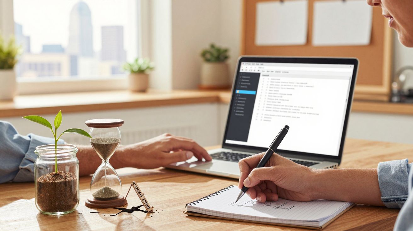 Pessoa escreve num bloco de notas ao lado de um portátil, ampulheta e planta num escritório iluminado.