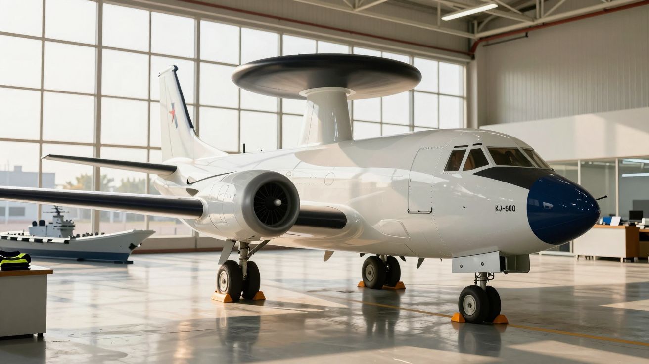 Avião militar KJ-600 dentro de um hangar com um sistema de radar no topo e um navio ao fundo.