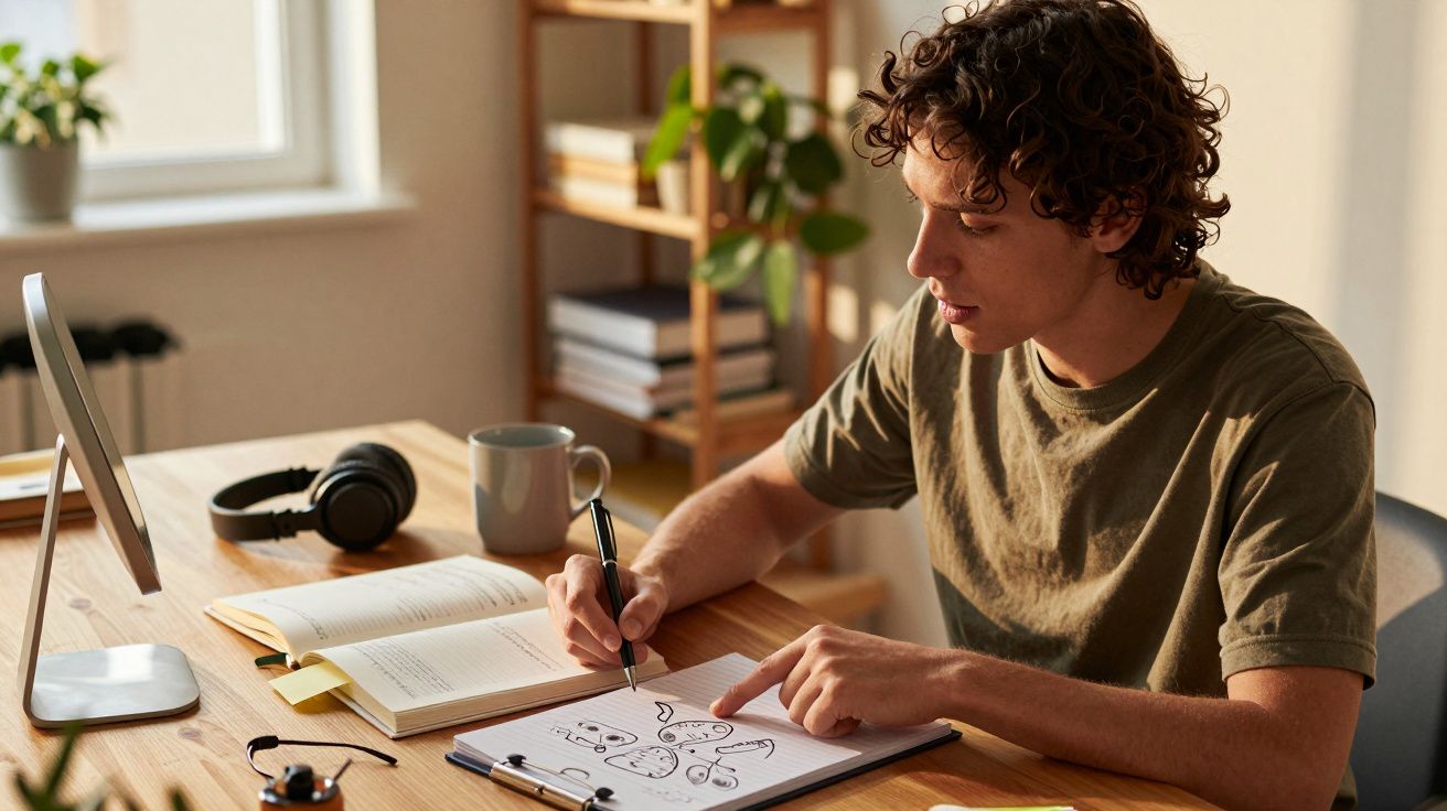 Homem desenhando num bloco de notas em uma mesa de madeira com computador, auscultadores e livro ao lado.