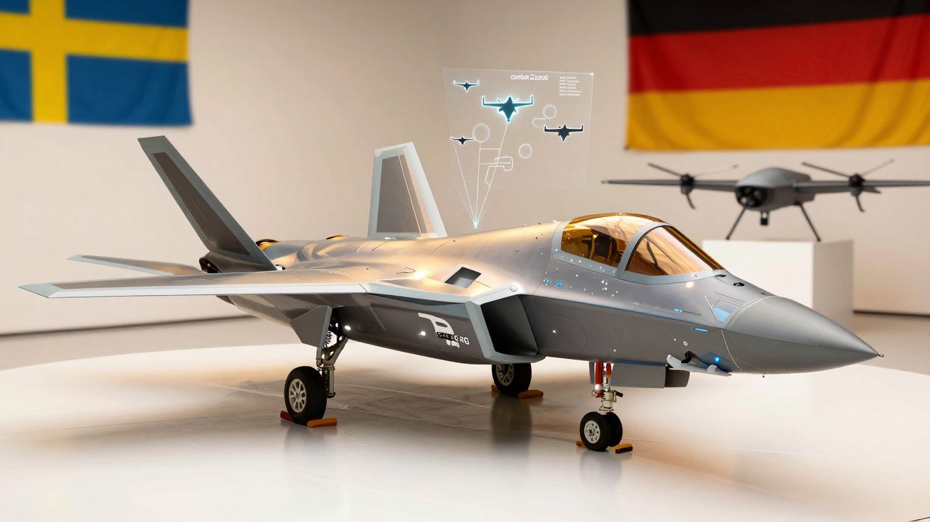 Modelo de avião cinzento num museu, com bandeiras da Suécia e Alemanha ao fundo, e holograma acima do avião.