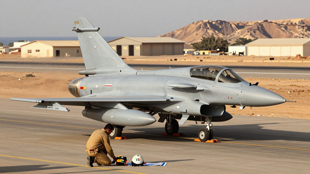 Avião de combate estacionado na pista, com uma pessoa ajoelhada ao lado, deserto e edifícios ao fundo.