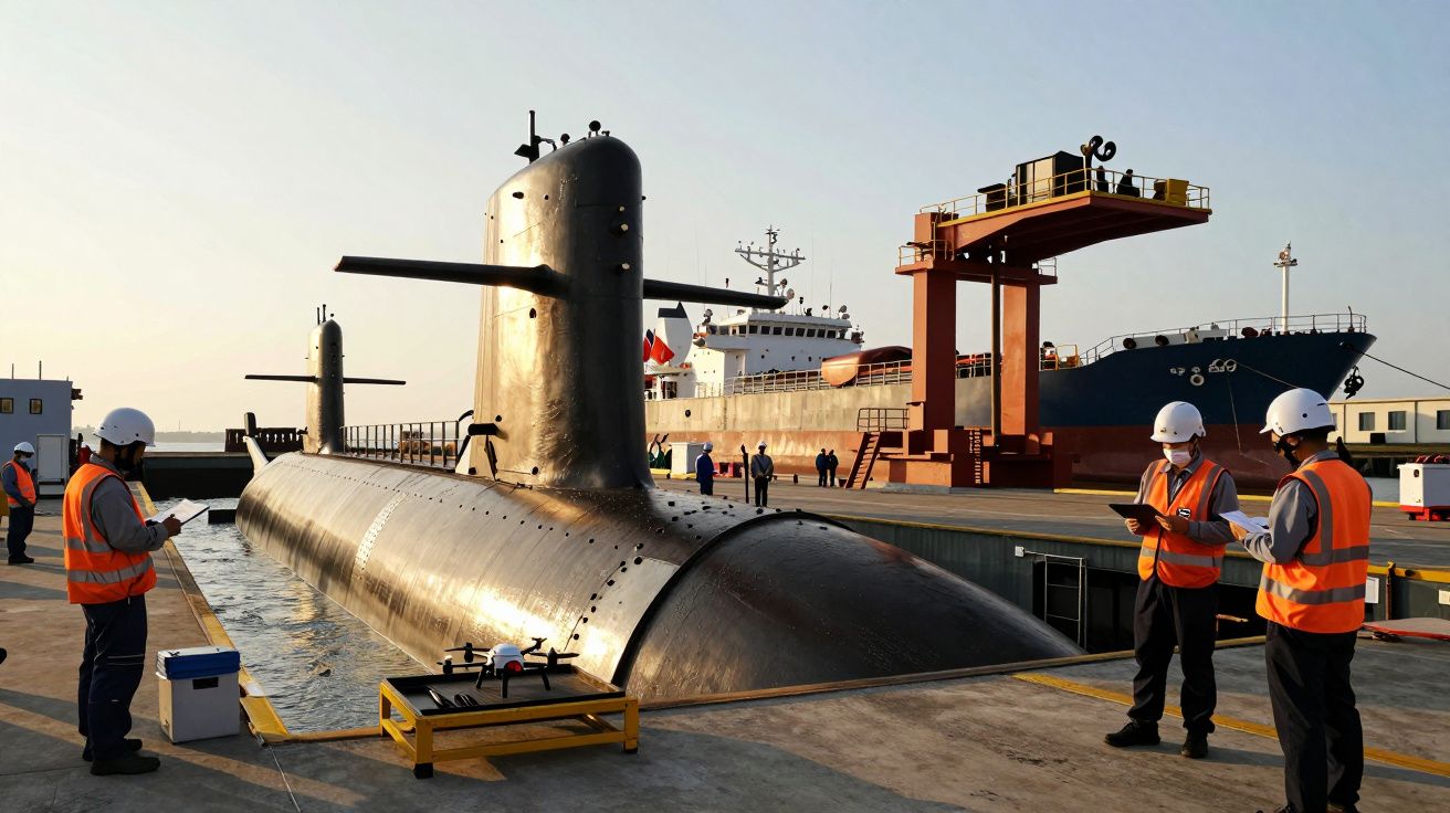 Submarino em doca com trabalhadores de colete refletor e capacete, navio ao fundo sob céu claro.