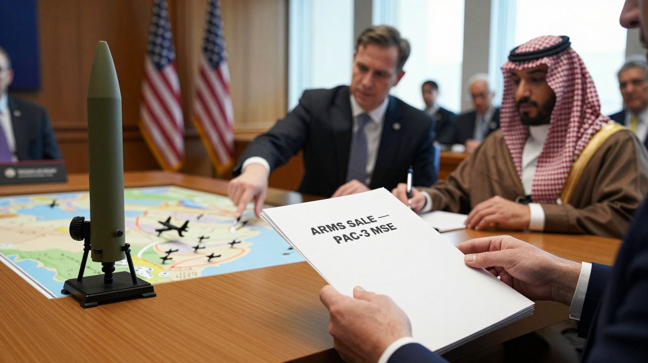 Homens em discussão diante de um mapa com miniatura de míssil e documento sobre venda de armas no centro de uma mesa.