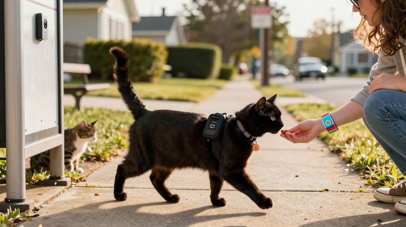 Gato preto com coleira e câmara caminha na calçada; pessoa dá-lhe guloseima. Gato laranja observa à distância.