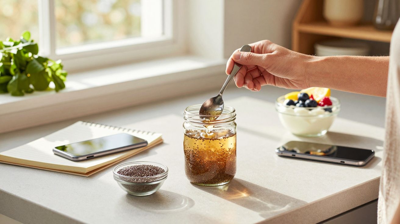 Mão mexe bebida com sementes de chia em frasco; ao lado, iogurte com frutas e telemóvel em bancada iluminada.