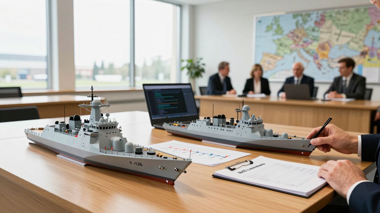 Duas maquetes de navios militares numa mesa de reunião com pessoas focadas ao fundo e um mapa na parede.