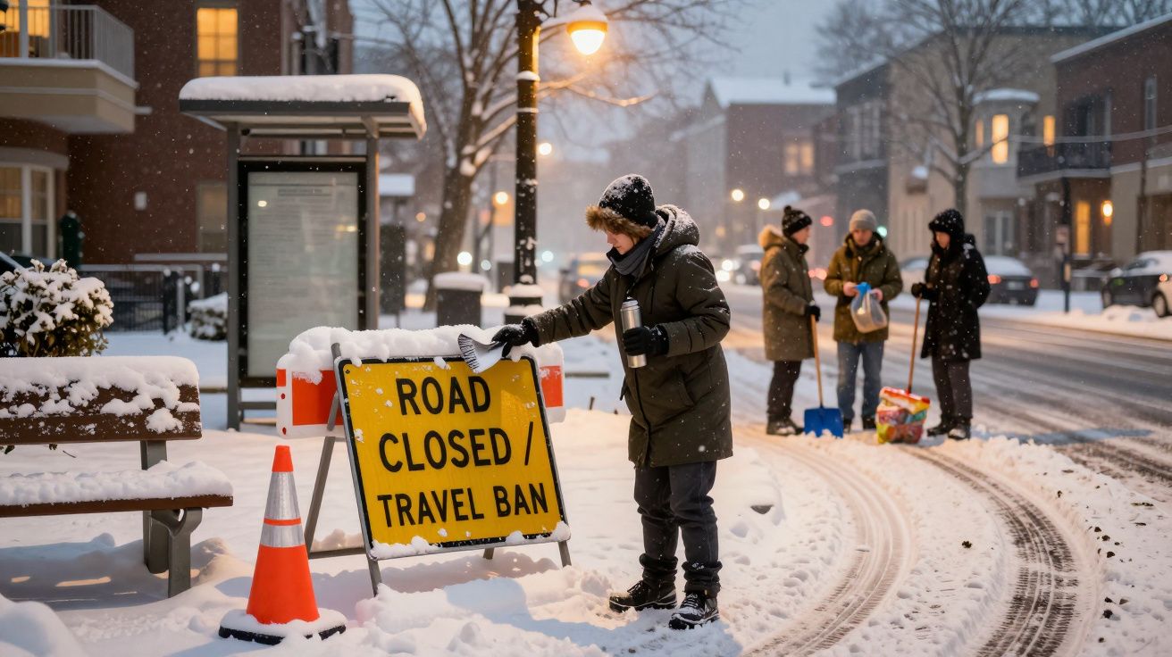Homem limpa neve de sinal de estrada fechada. Pessoas ao fundo com pás, neve a cair.