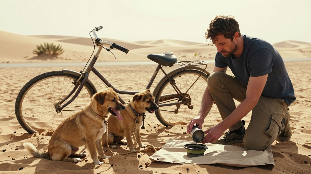 Homem serve água a dois cães na areia do deserto, com uma bicicleta ao fundo.