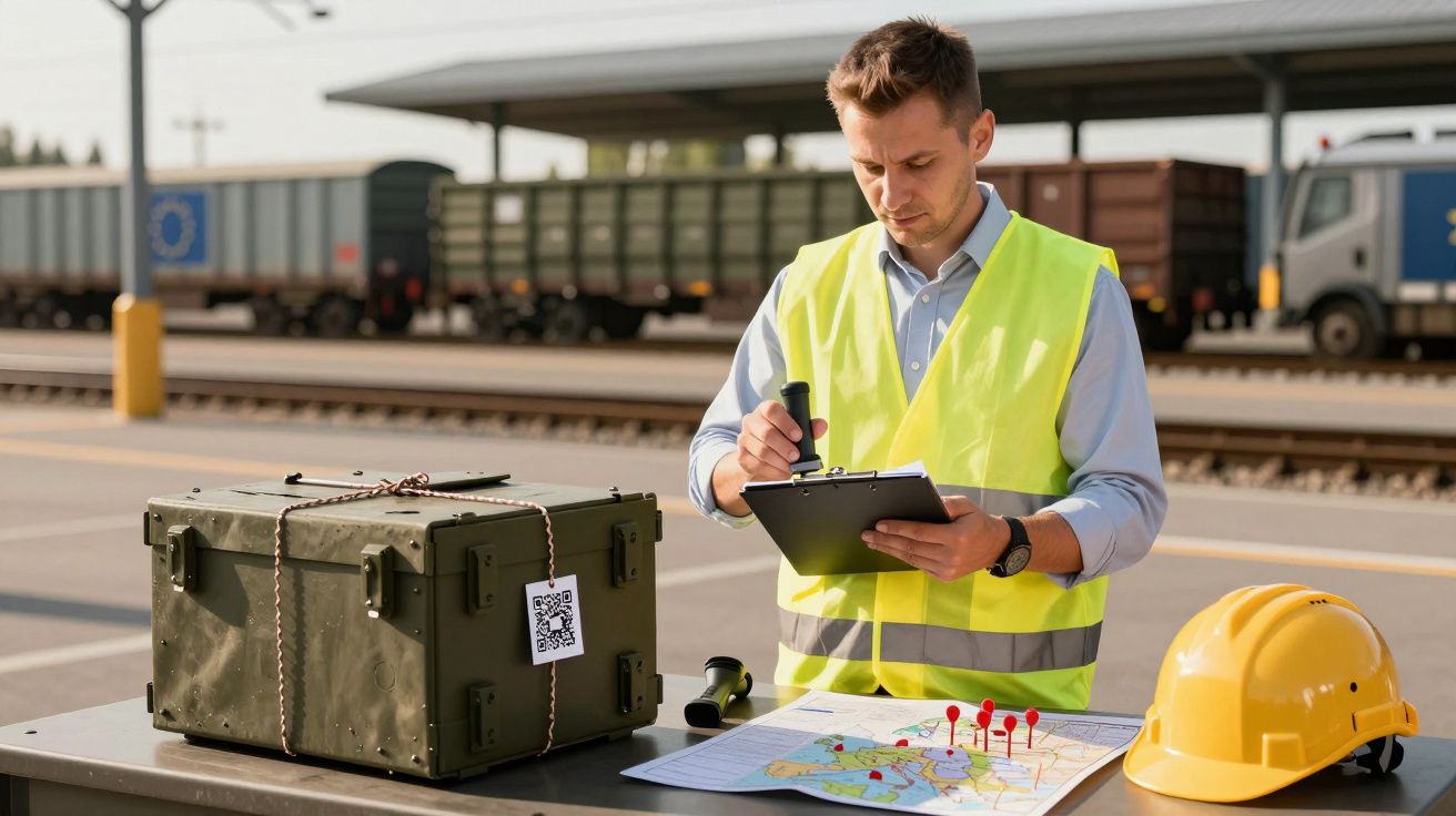 Homem de colete refletor escreve em prancheta numa estação de carga, com mapa e capacete na mesa.