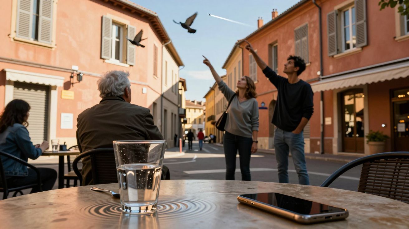 Rua movimentada com pessoas sentadas nas mesas e um copo de água em destaque, dois pombos voando no céu.