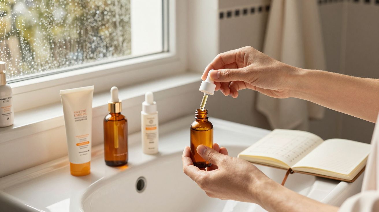 Mãos seguram frasco de cosmético com conta-gotas junto a lavatório com produtos de cuidado de pele e caderno aberto.