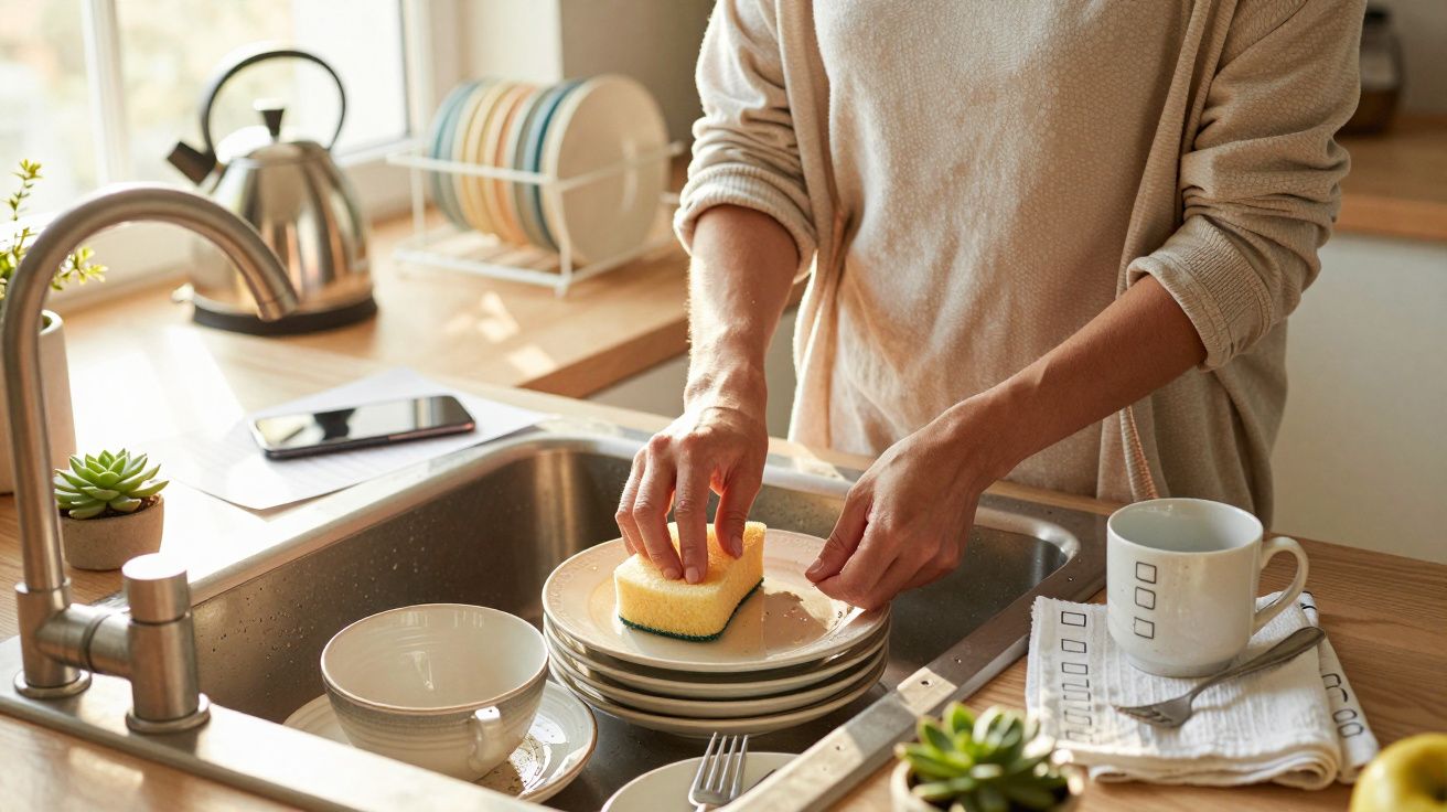 Pessoa a lavar pratos na cozinha, com esponja amarela na mão. Chávenas e utensílios ao lado da banca.