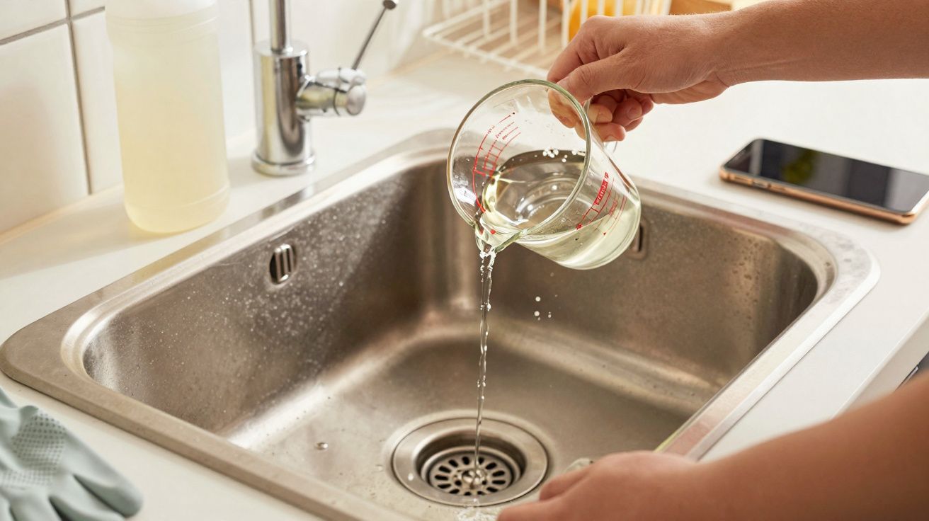 Mãos despejando líquido de um copo medidor no lava-loiça de aço inoxidável, com luva e telemóvel visíveis ao lado.